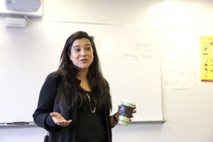 Girls Who Code founder Reshma Saujani speaks to GWC club students at Central Campus.