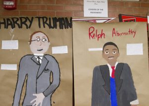 Life-size recreations of historical figures formed the Hall of Heroes at Merrill Middle School.