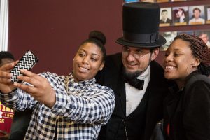 Abraham Lincoln, aka George Buss, spent the day with Lincoln students for both history lessons and #SelfiesWithAbe.