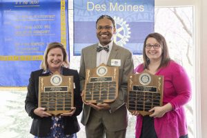Judy Pauley of Brody Middle School, James McNear of Roosevelt High School and Schelsy Smith of Findley Elementary School were honored as Educators of the Year by the Rotary Club of Des Moines.