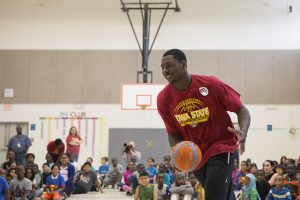 Former Cyclone basketball player Daniel Edozie shared his story of overcoming adversity with students at Edmunds Elementary School.