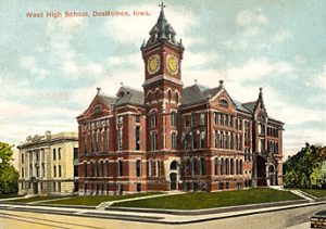 An old post card of West High School in Des Moines.