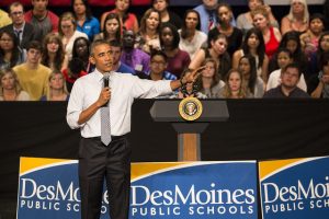 President Barack Obama addresses students and parents during a town hall meeting at North High School on September 14, 2015.