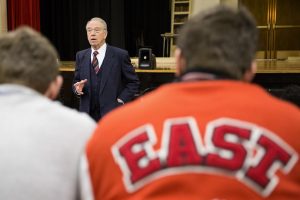U.S. Senator Chuck Grassley does a Q&A session with government students at East High School.