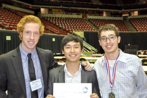 Mason Rhodes, Vy Ngo and Gabriel Mintzer win 1st place in Physics and Astronomy, earning a trip to compete in the international science and engineering fair in Phoenix, AZ.