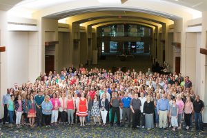 DMPS administrators and principals gather for a photo during the 2016 Leadership Launch at the Iowa Events Center.